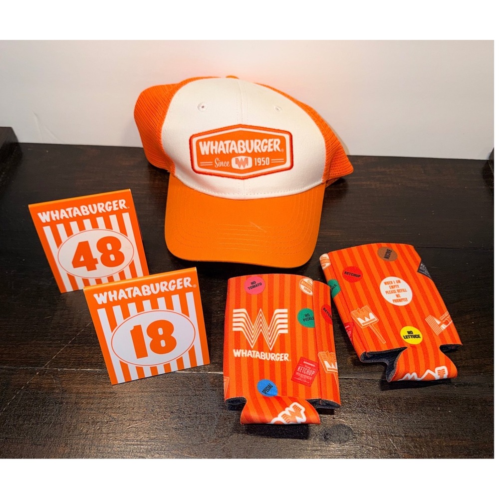 Whataburger Bundle Orange Trucker Hat 2 Koozies‎ and Table Tents 18 48 Texas Fan